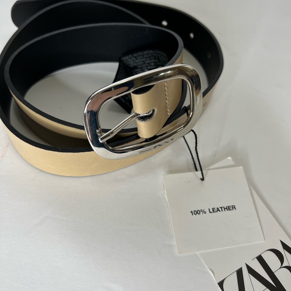 Zara Brown Taupe Beige Leather Belt Size 32 Womens Belt 100% Leather Cream New - Picture 7 of 14